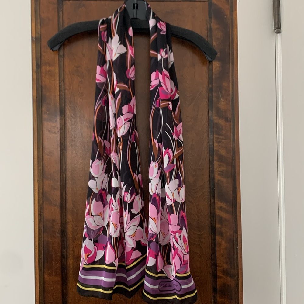 Salvatore Ferragamo Silk Chiffon Oblong Scarf Pink Multi Flowers Black 62x17